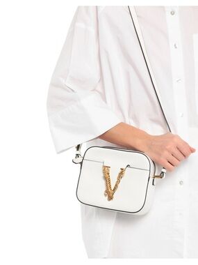 Versace White Leather Crossbody with Gold V Ornament